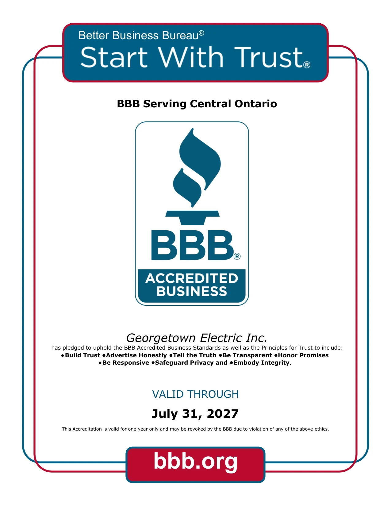 BBB Accredited Business certificate for Georgetown Electric Inc., valid through July 31, 2027